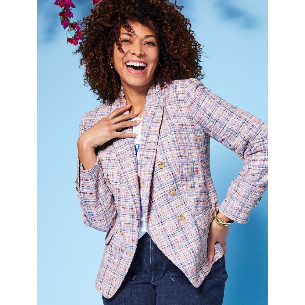 Talbots Plus 18W Double Breasted Tweed Plaid Blazer Pink Blue Gold Button Jacket